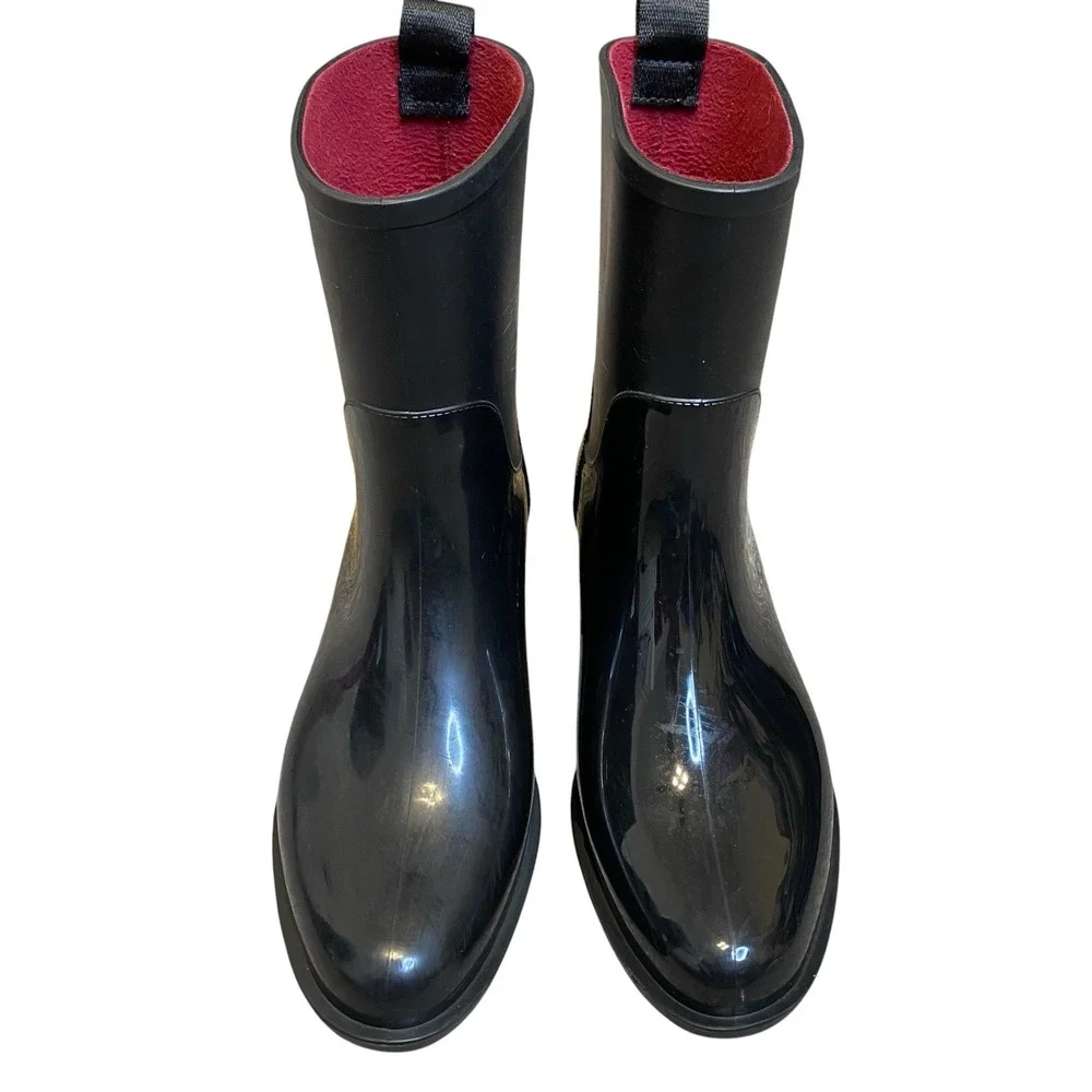 Black Glossy Rain Boots Women 7M Black Glossy Mid Calf Logo Tommy Hilfiger
